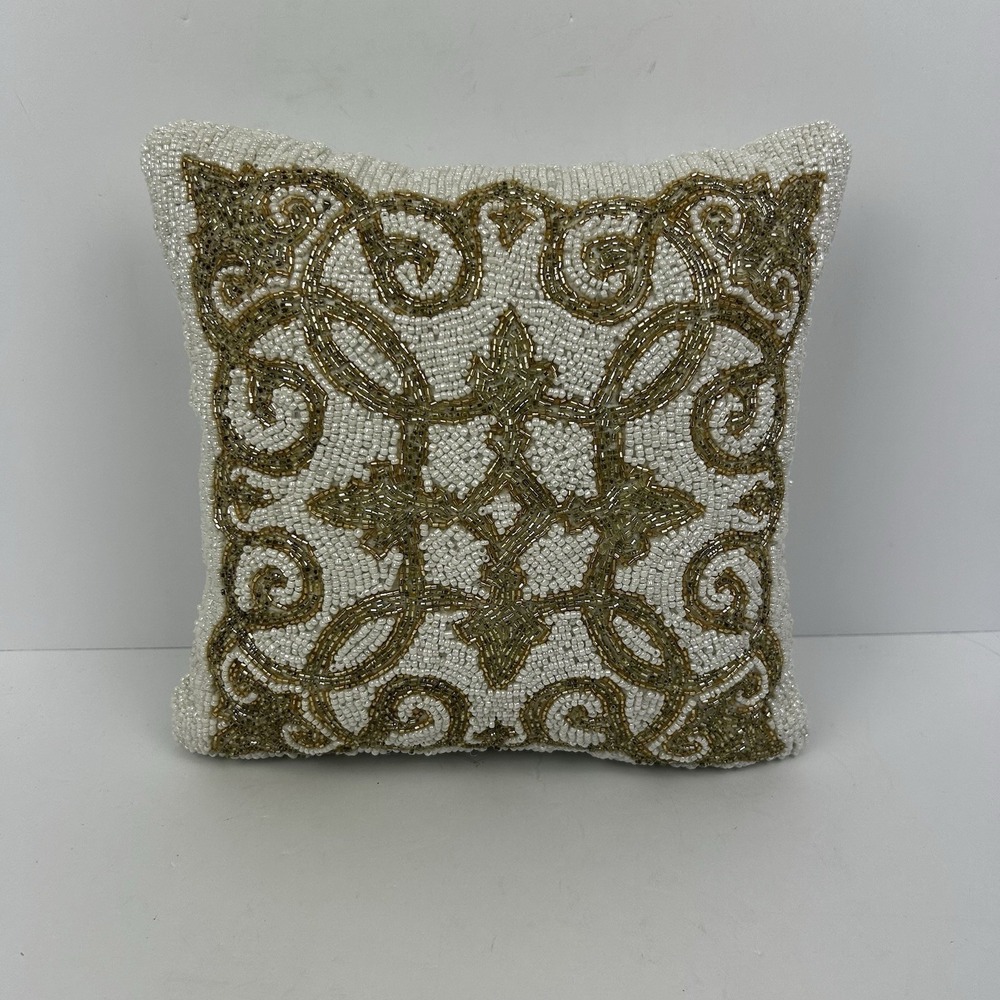Bohemian Ethnic Beaded Intricate Art Nouveau Pillow Bed Home Decor Gold 11"x11"